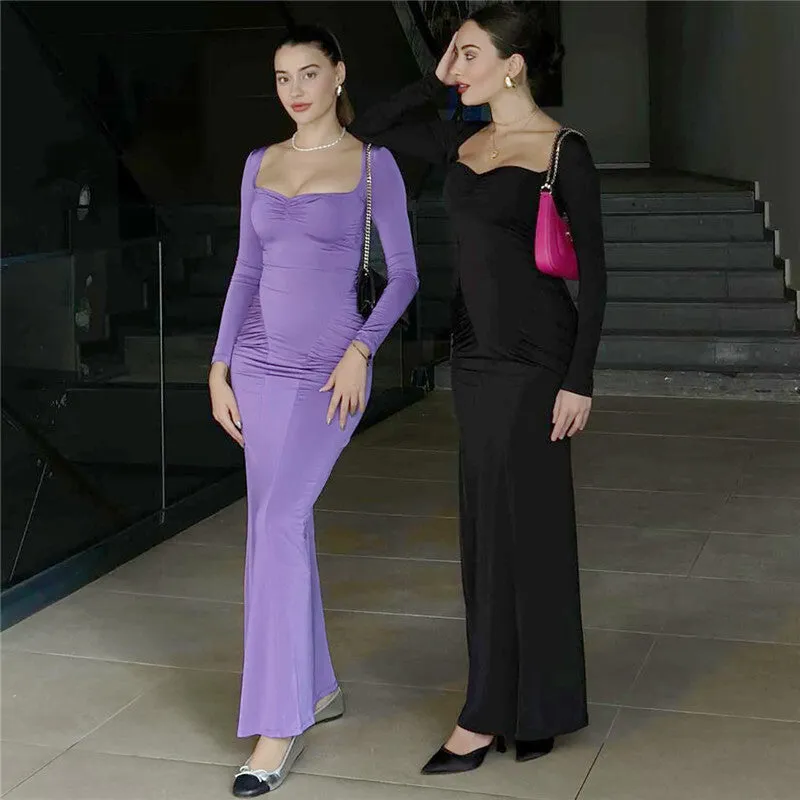 Pamela Square Collar Long Sleeve Sexy Long Dress