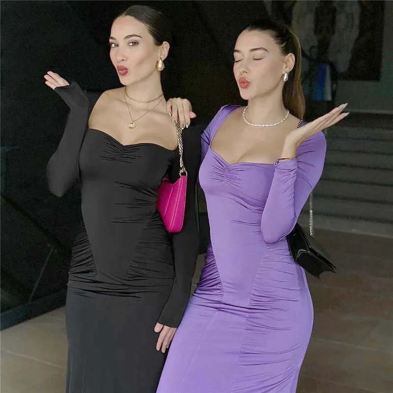 Pamela Square Collar Long Sleeve Sexy Long Dress