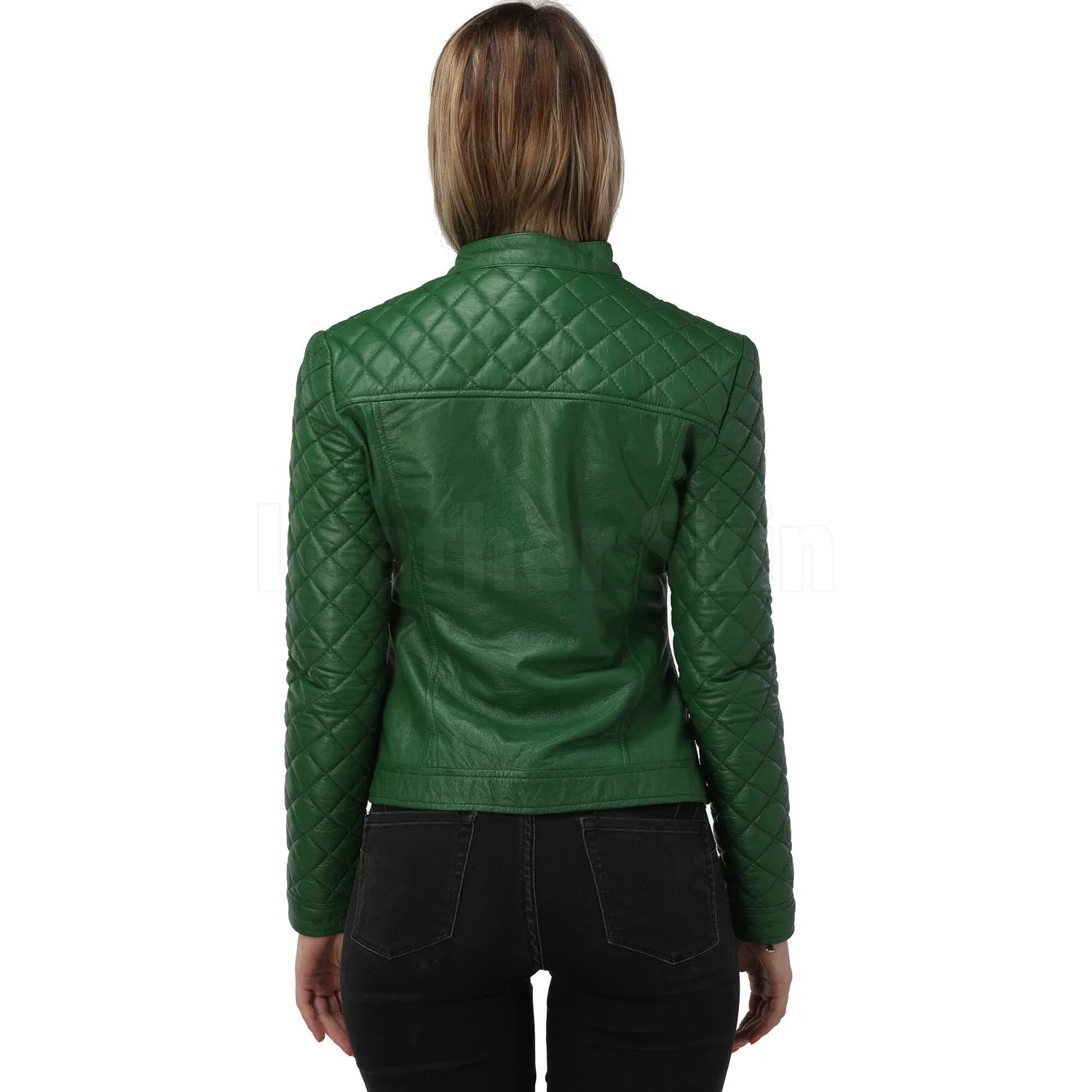 Quilted Sleeves Green Bomber Leather Jacket