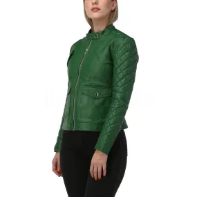 Quilted Sleeves Green Bomber Leather Jacket