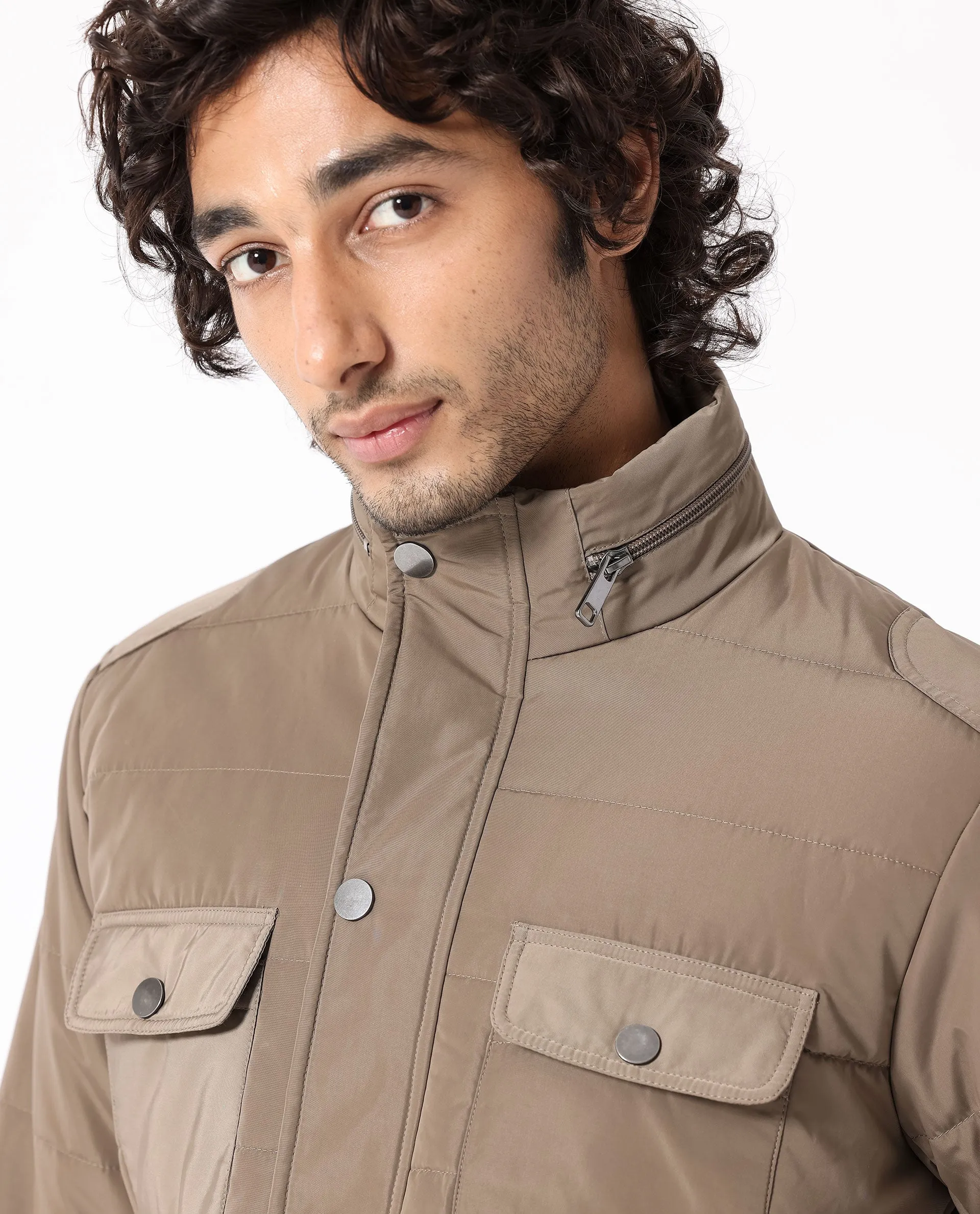 Rare Rabbit Men's Anbr Khaki Plain Quilted Utility Jacket