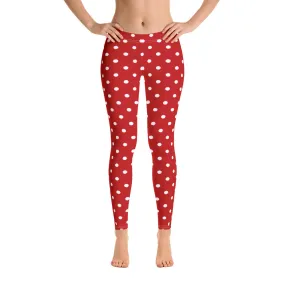 Red and White Polka Dot Leggings, Christmas Leggings Women Yoga Pants Printed Print Cute Graphic Workout Running Gym Fun Designer