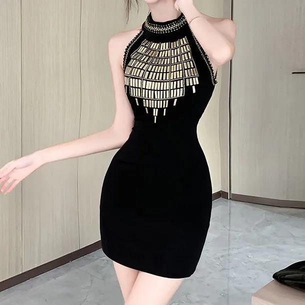Round Neck Sequined Sleeveless Slim Black Dress