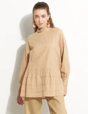 Ruffle Collar Embroidery Tunic Skin Color