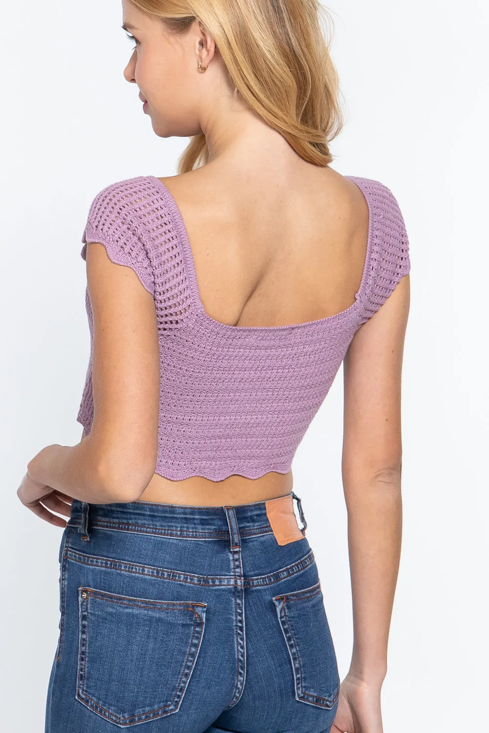 Short Sleeve V-Neck Front Knot Detail Sweater Knit Crop Top