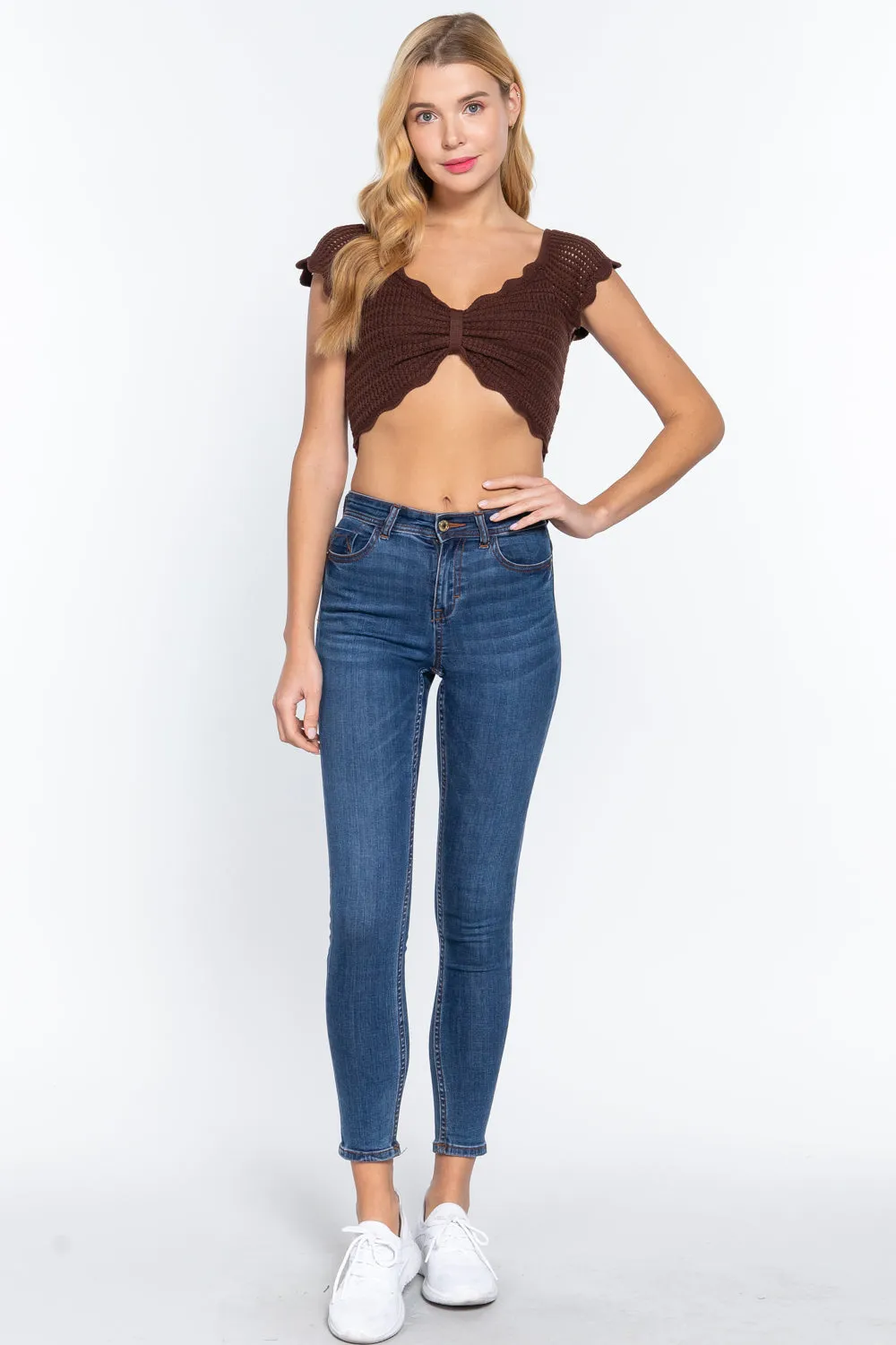 Short Sleeve V-Neck Front Knot Detail Sweater Knit Crop Top