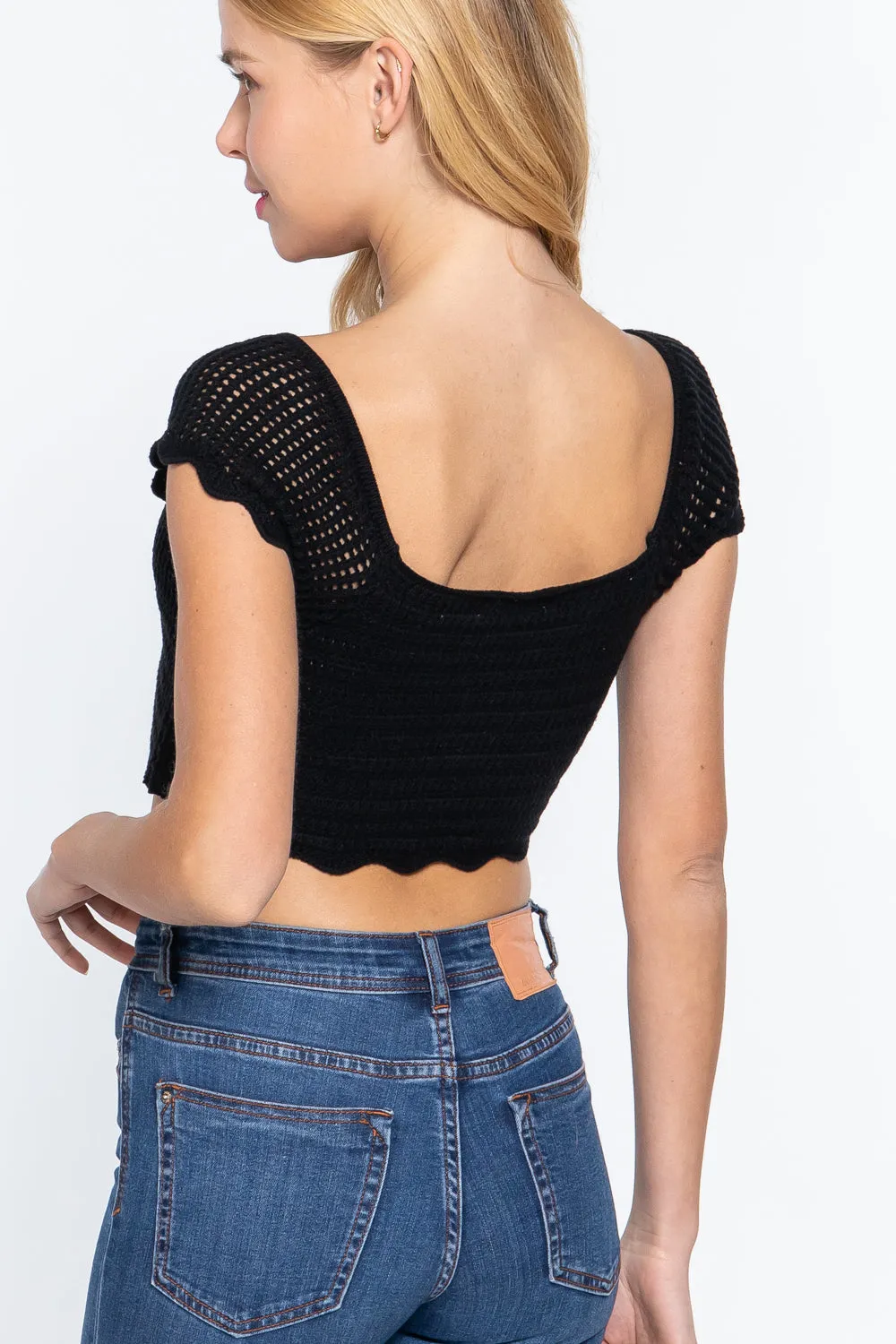 Short Sleeve V-Neck Front Knot Detail Sweater Knit Crop Top