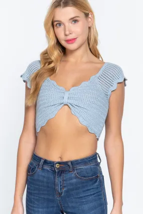 Short Sleeve V-Neck Front Knot Detail Sweater Knit Crop Top