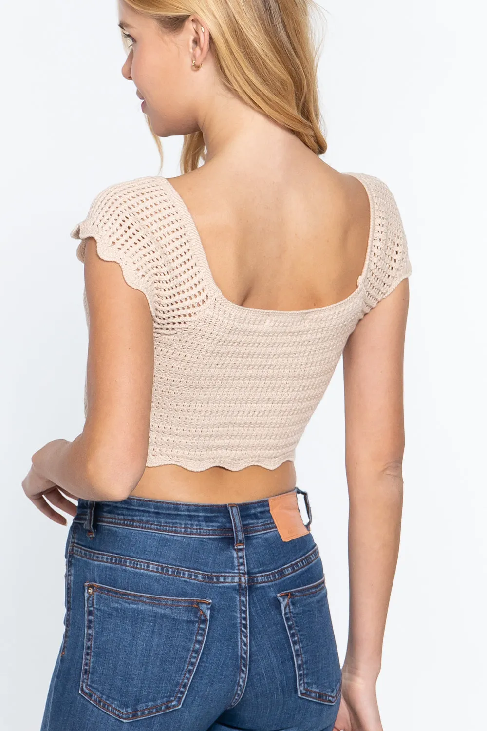 Short Sleeve V-Neck Front Knot Detail Sweater Knit Crop Top