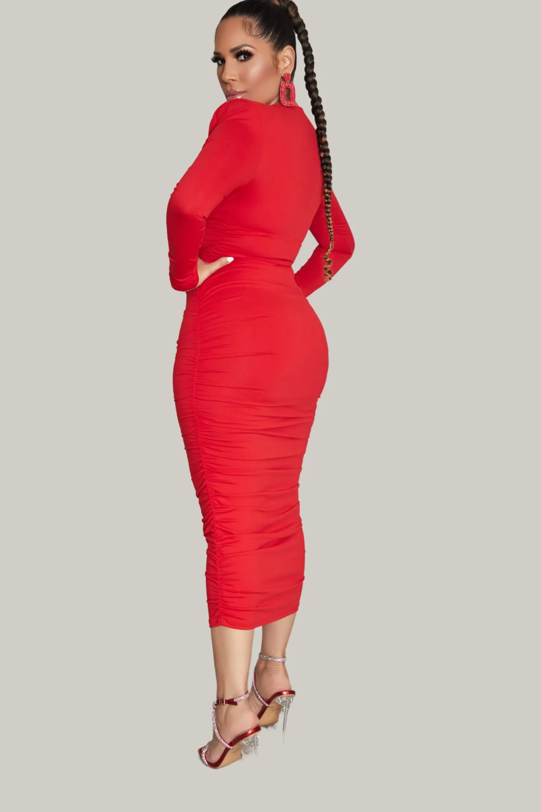 Slimming V Neck Ruched Bodycon Dress
