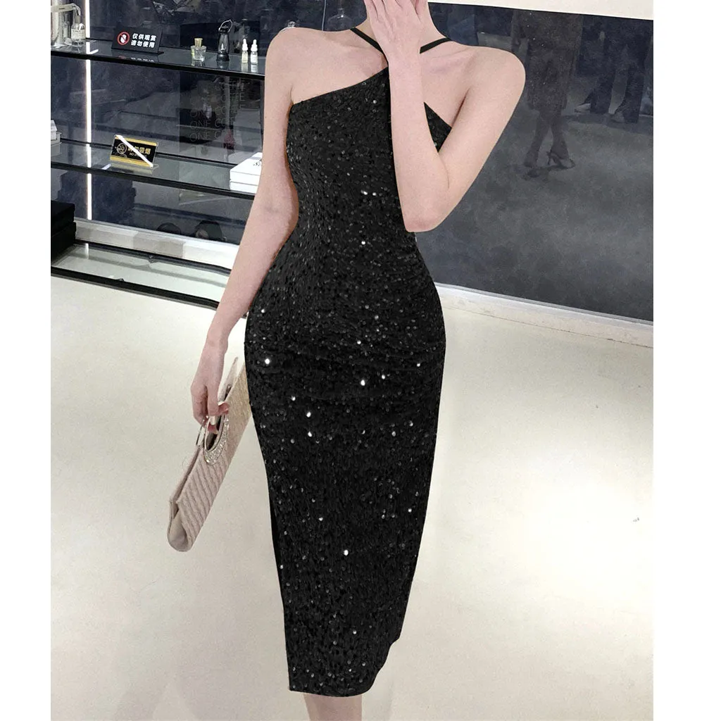 Slit Sequin Waist Halter Neck Prom Dress