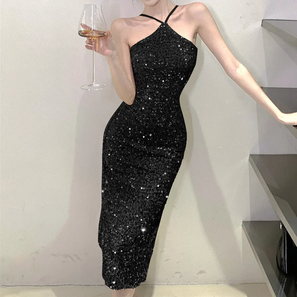 Slit Sequin Waist Halter Neck Prom Dress