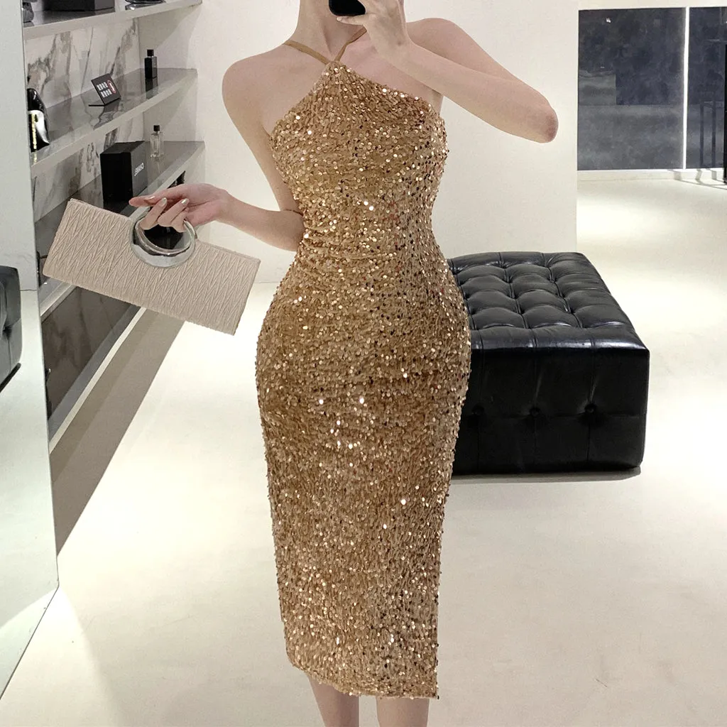 Slit Sequin Waist Halter Neck Prom Dress