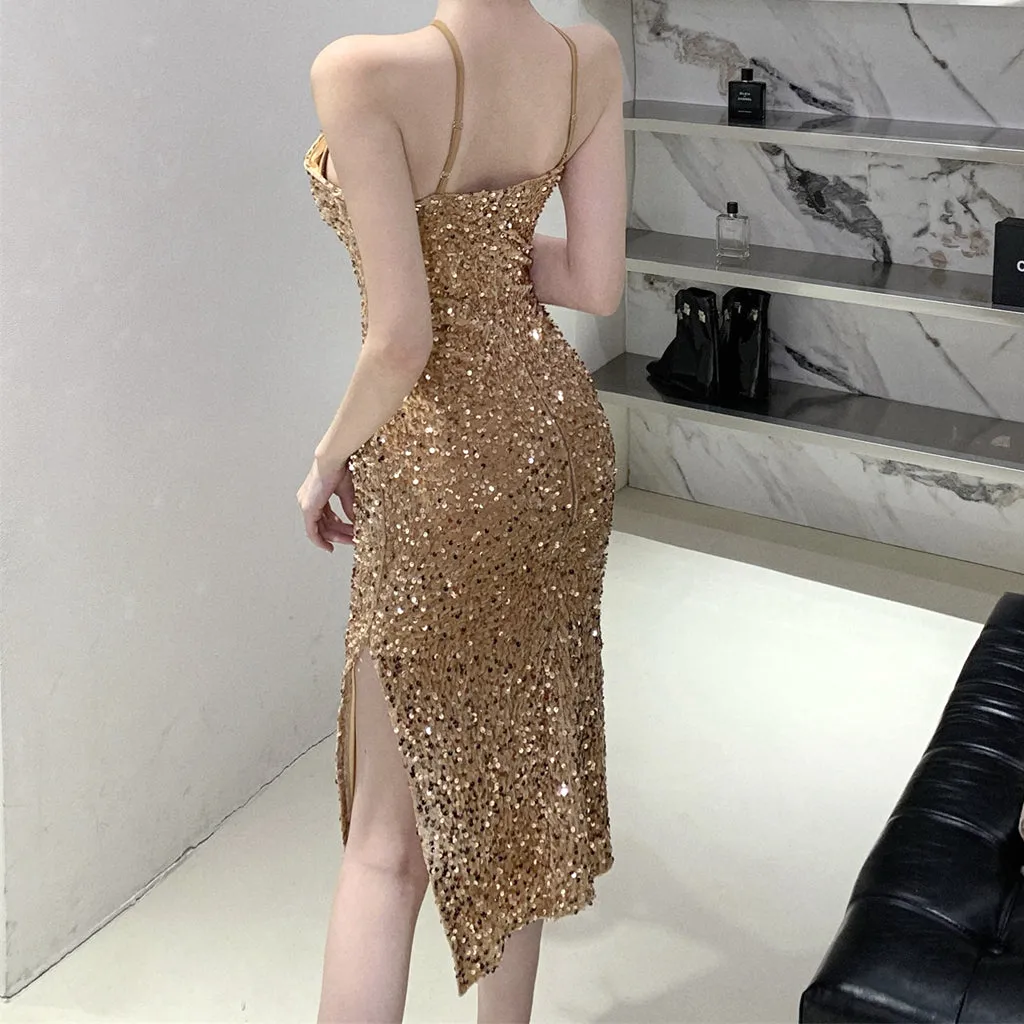Slit Sequin Waist Halter Neck Prom Dress