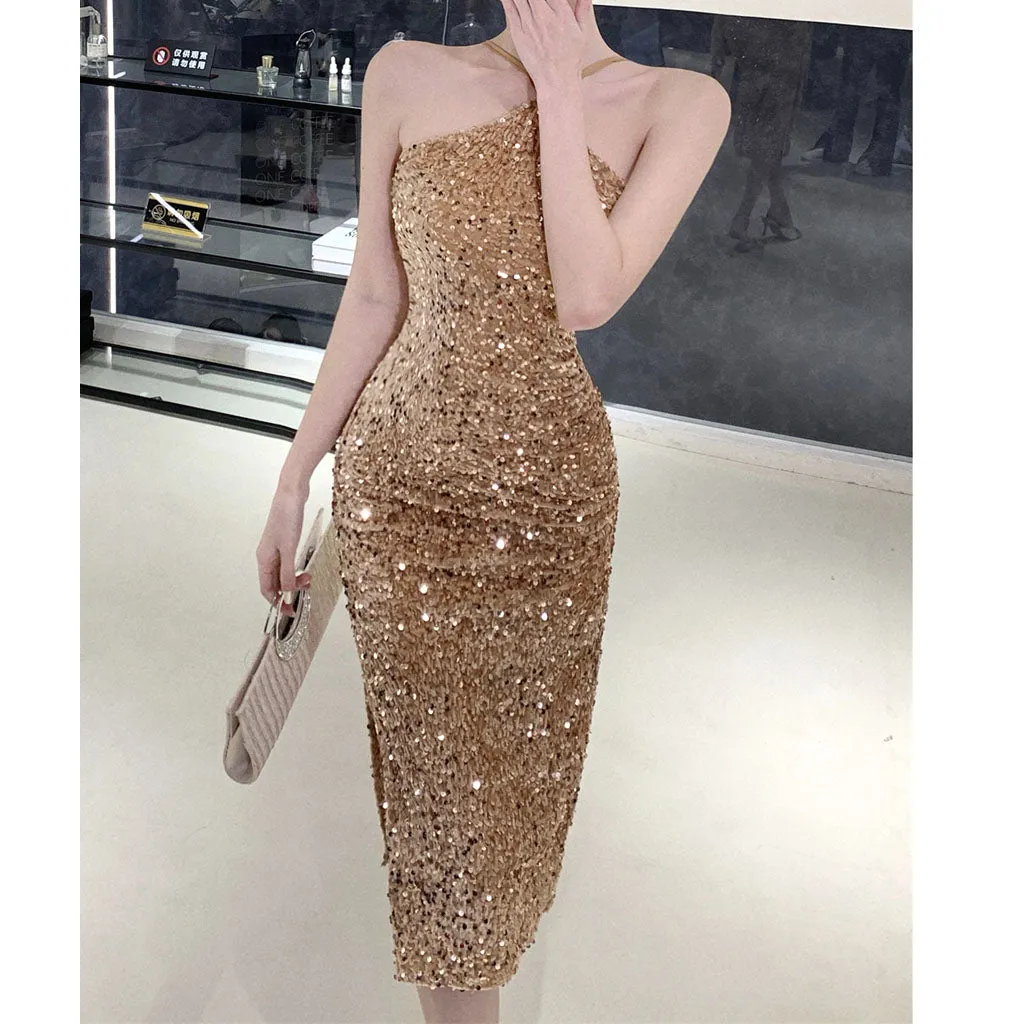 Slit Sequin Waist Halter Neck Prom Dress