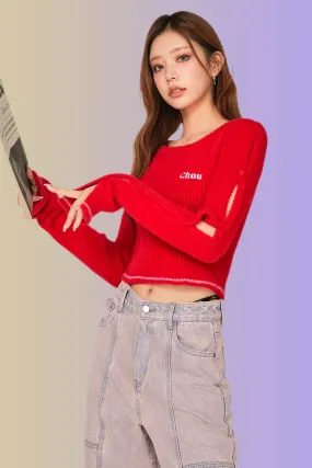 Slit Sleeves Button Crop Knit Sweater