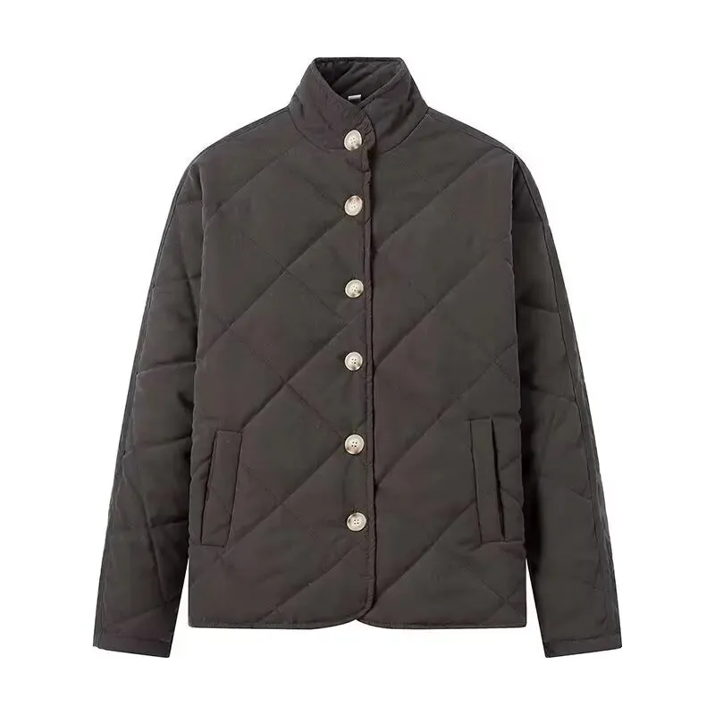 Solid Stand Collar Quilted Jacket