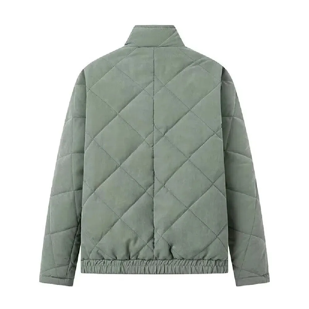 Solid Stand Collar Quilted Jacket