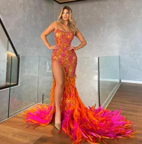 Spaghetti Straps Feather Evening Gown