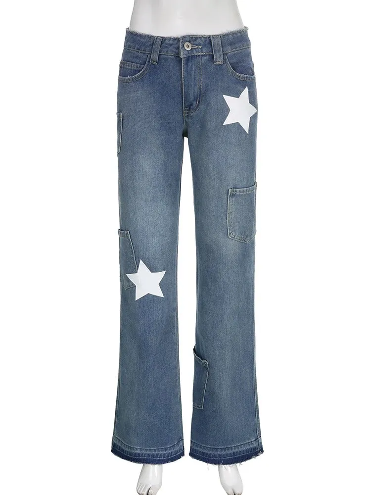 Star Print Low Rise Flared Jeans