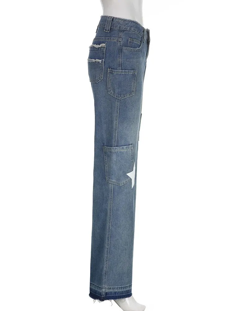 Star Print Low Rise Flared Jeans