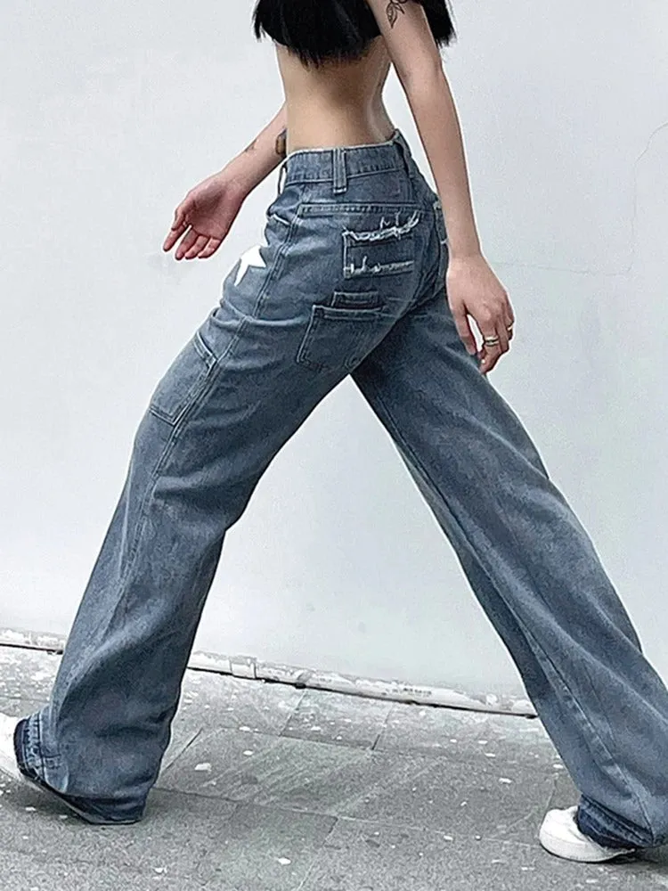 Star Print Low Rise Flared Jeans