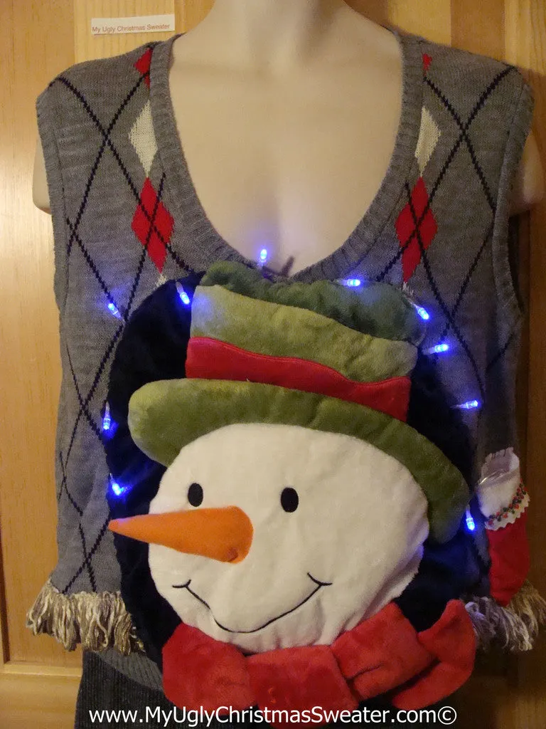 Tacky 3D Ugly Christmas Sweater Vest Mens Puffy Frosty with Lights and Fringe (A61)