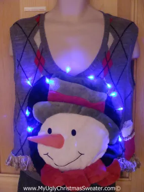 Tacky 3D Ugly Christmas Sweater Vest Mens Puffy Frosty with Lights and Fringe (A61)