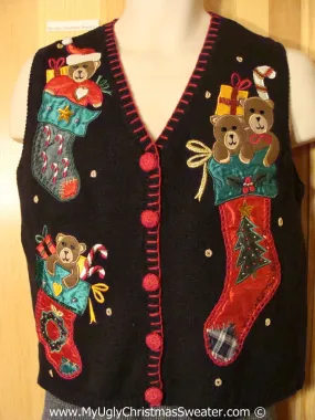 Tacky Christmas Sweater Vest with Bears Stockings and Bling (f1209)