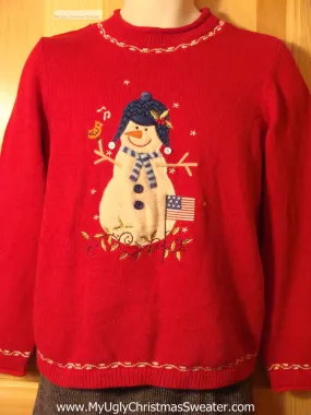 Tacky Patriotic Cheap Ugly Christmas Sweater with Snowman with a Flag (f597)