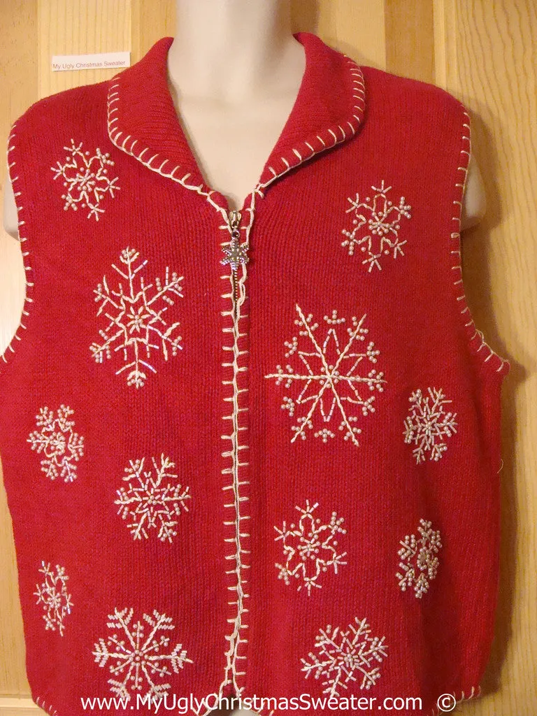 Tacky Red Christmas Sweater Vest with Huge Snowflakes (f1394)