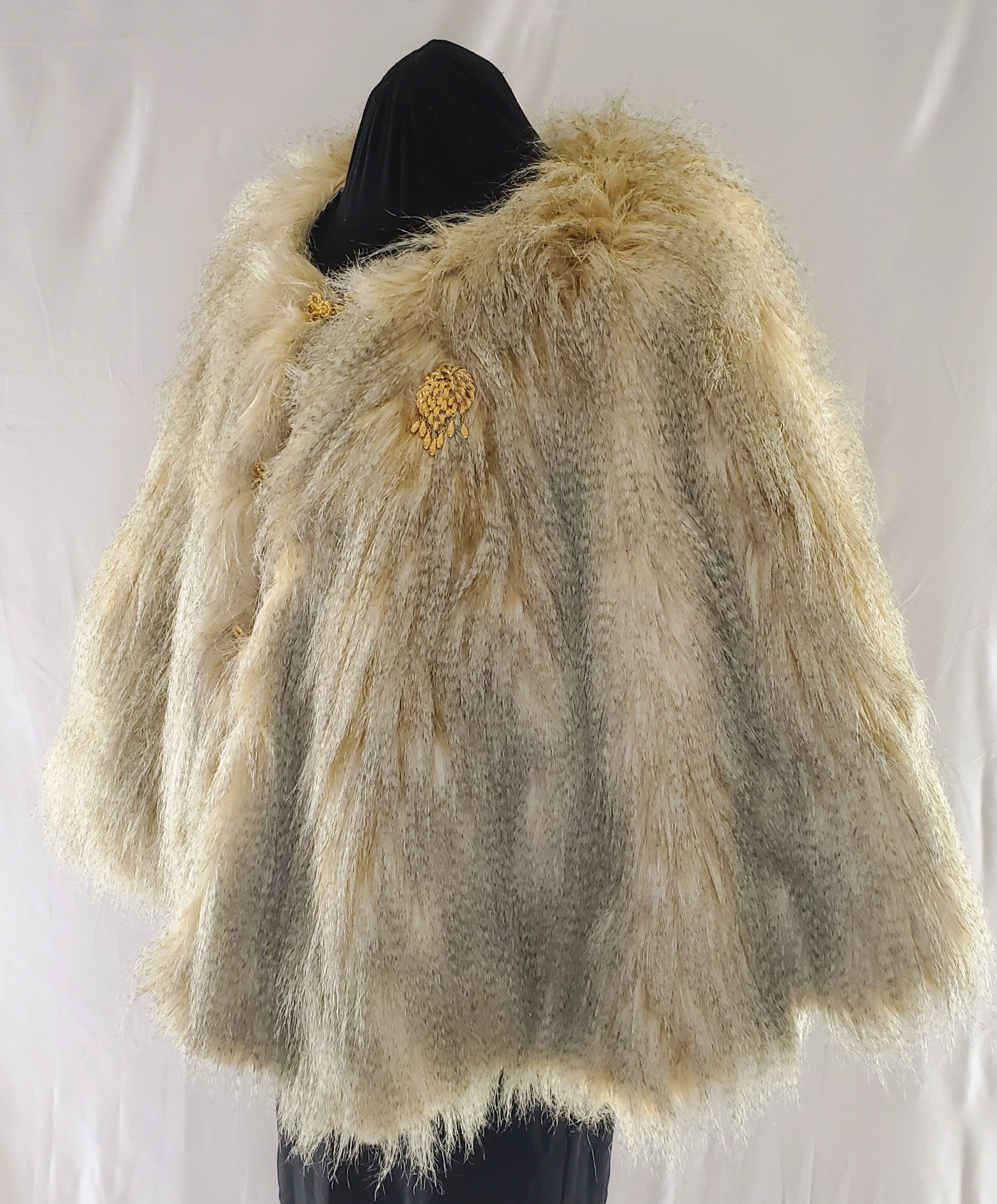 THE LEONA- Golden Tan Faux Fur Cape With Vintage Hooks and Broach