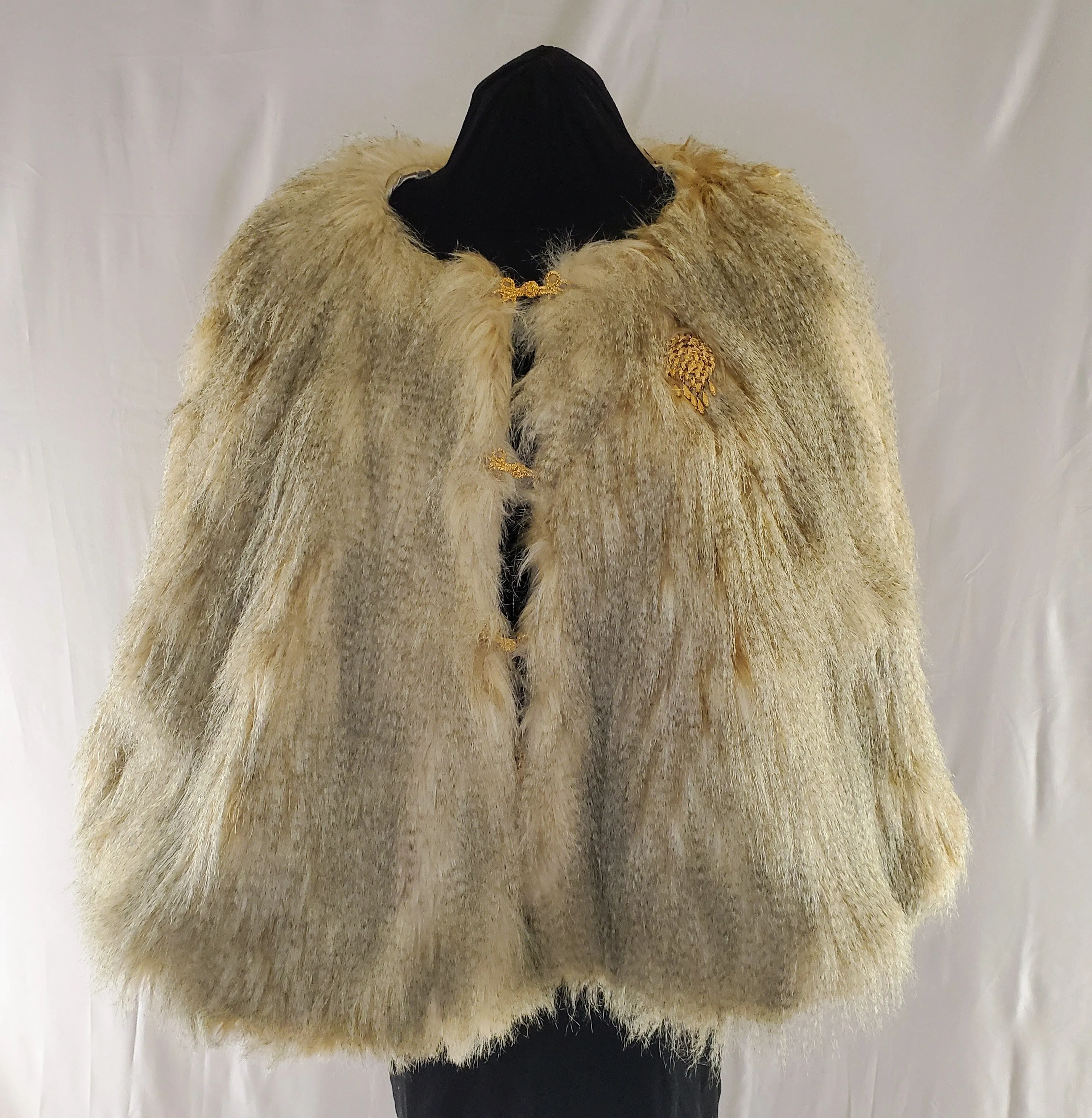 THE LEONA- Golden Tan Faux Fur Cape With Vintage Hooks and Broach