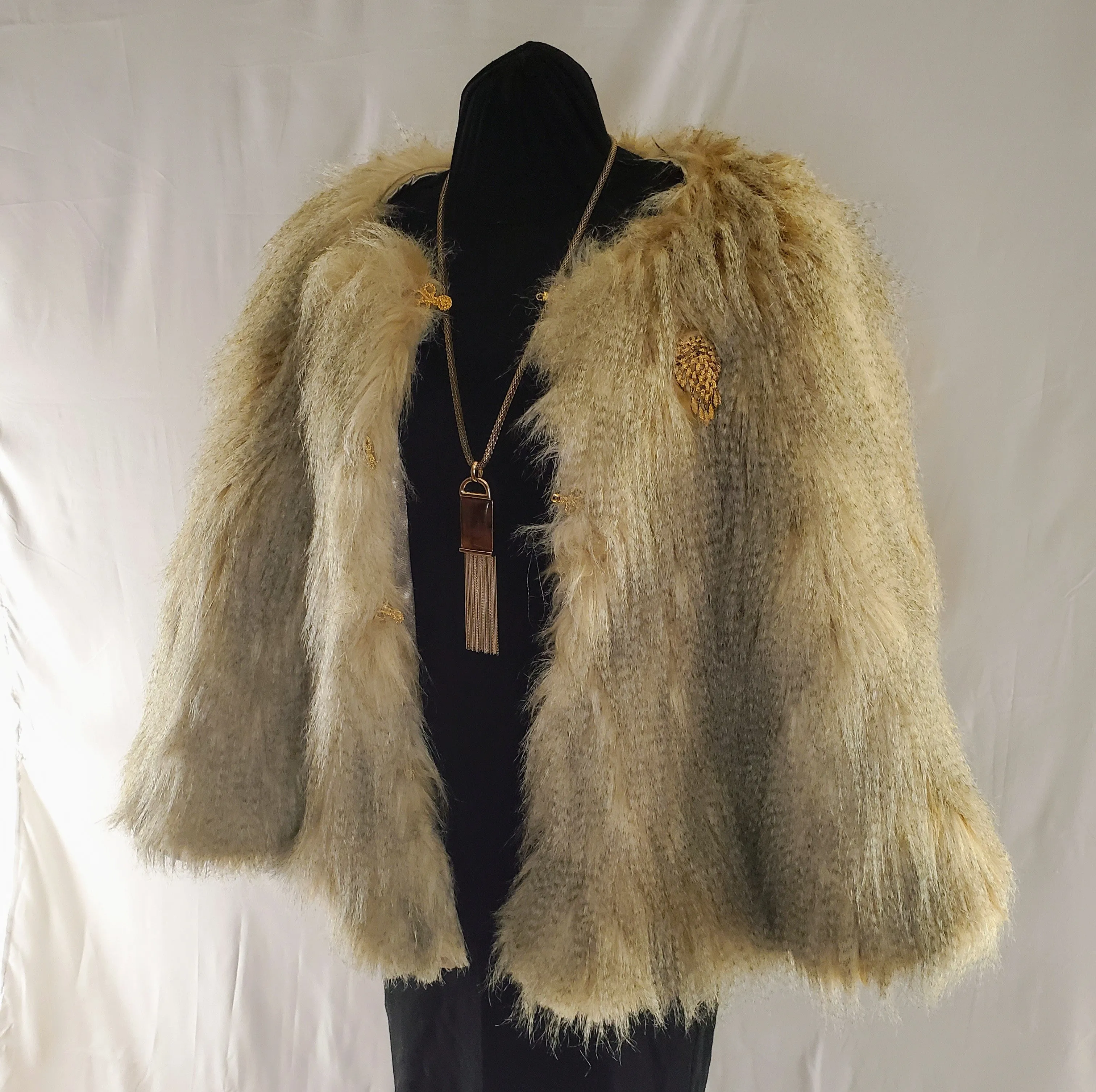 THE LEONA- Golden Tan Faux Fur Cape With Vintage Hooks and Broach