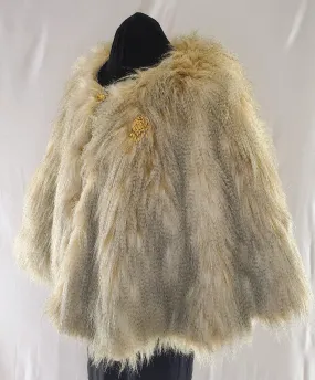 THE LEONA- Golden Tan Faux Fur Cape With Vintage Hooks and Broach
