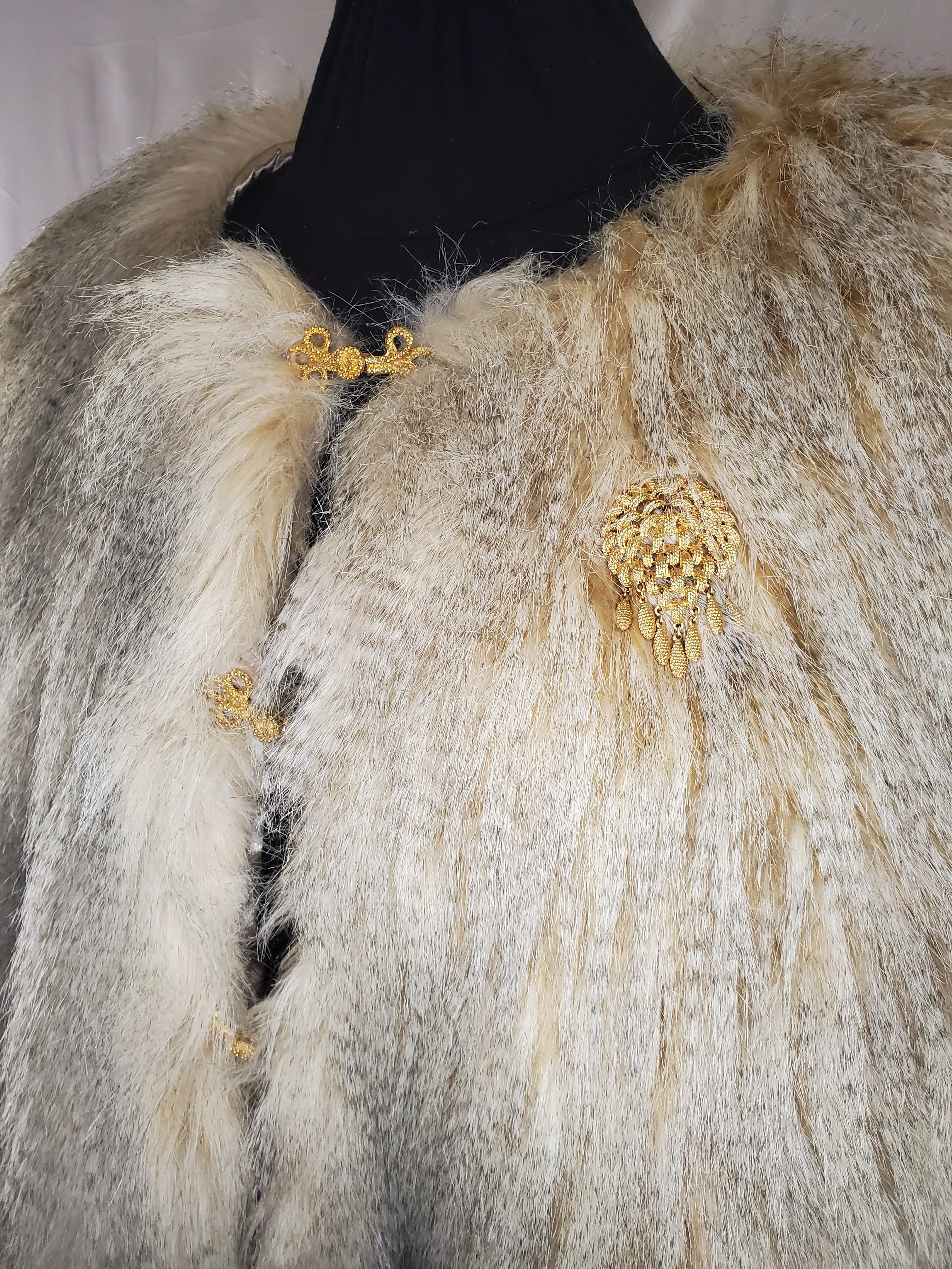 THE LEONA- Golden Tan Faux Fur Cape With Vintage Hooks and Broach
