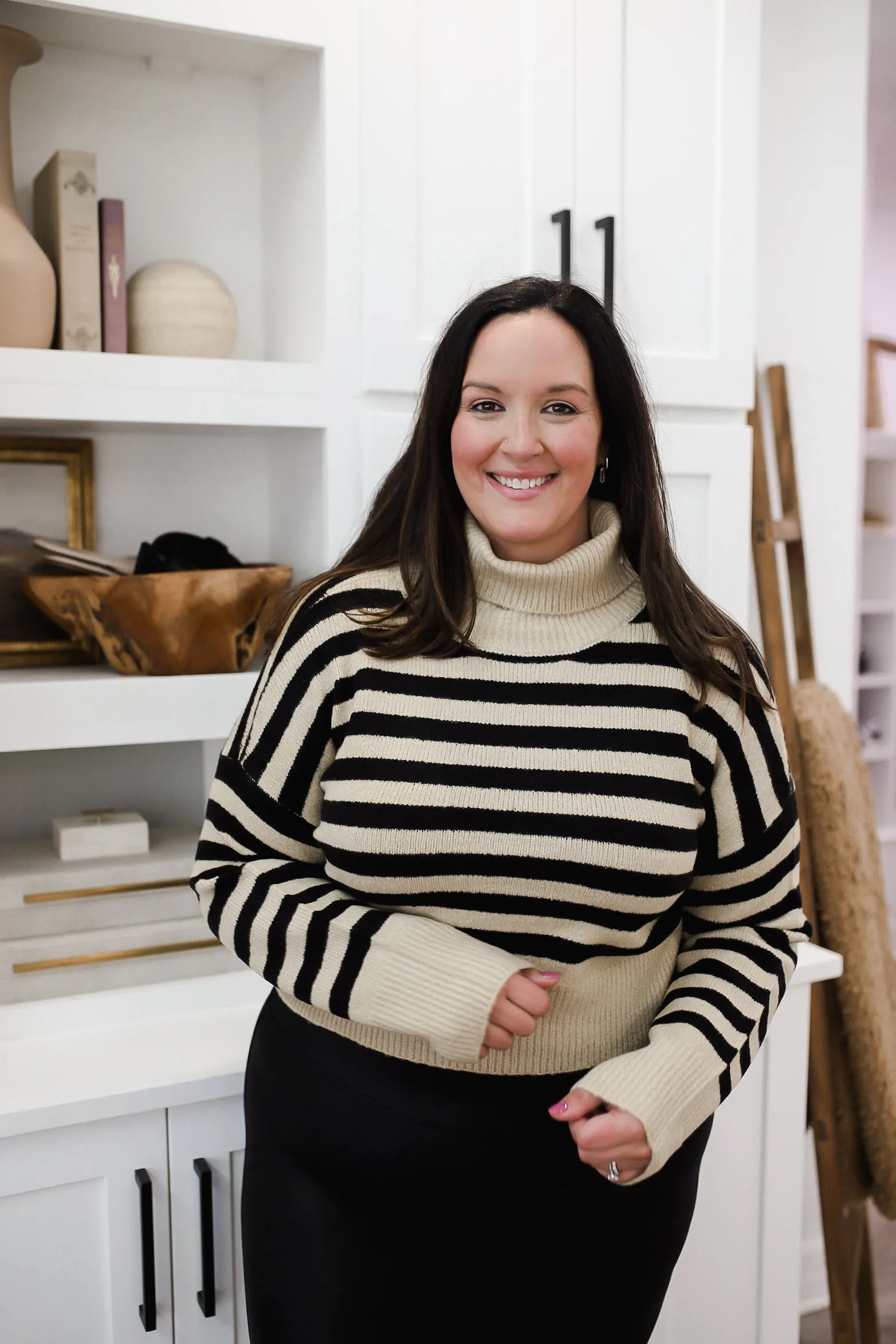 Truly Charming Striped Turtleneck Sweater - Taupe/Black
