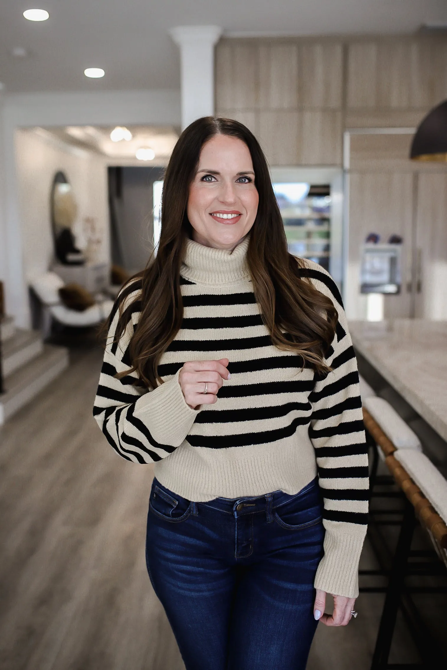 Truly Charming Striped Turtleneck Sweater - Taupe/Black