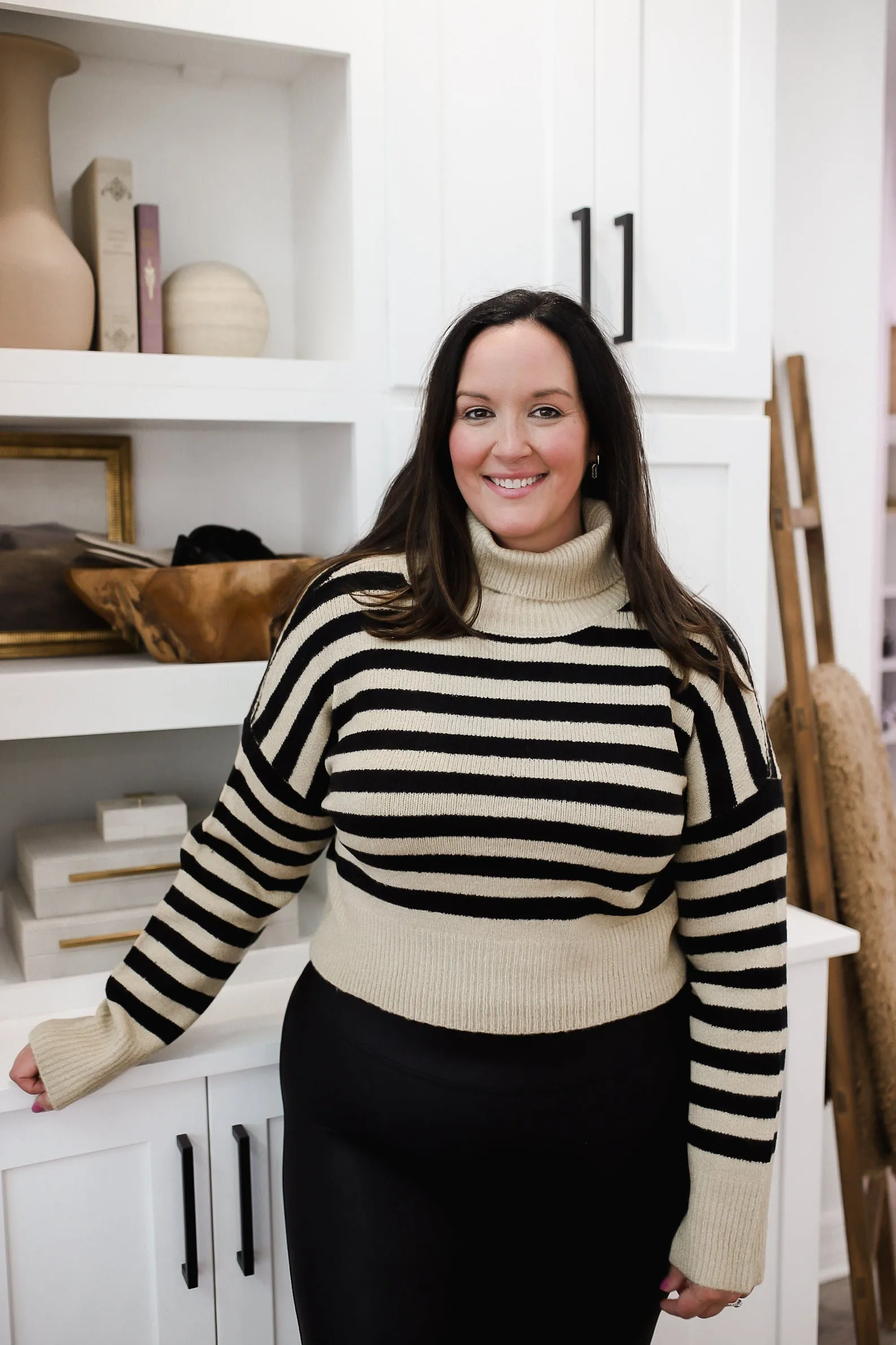 Truly Charming Striped Turtleneck Sweater - Taupe/Black