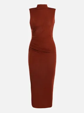 Turtleneck Pleated Waist Midi Dress