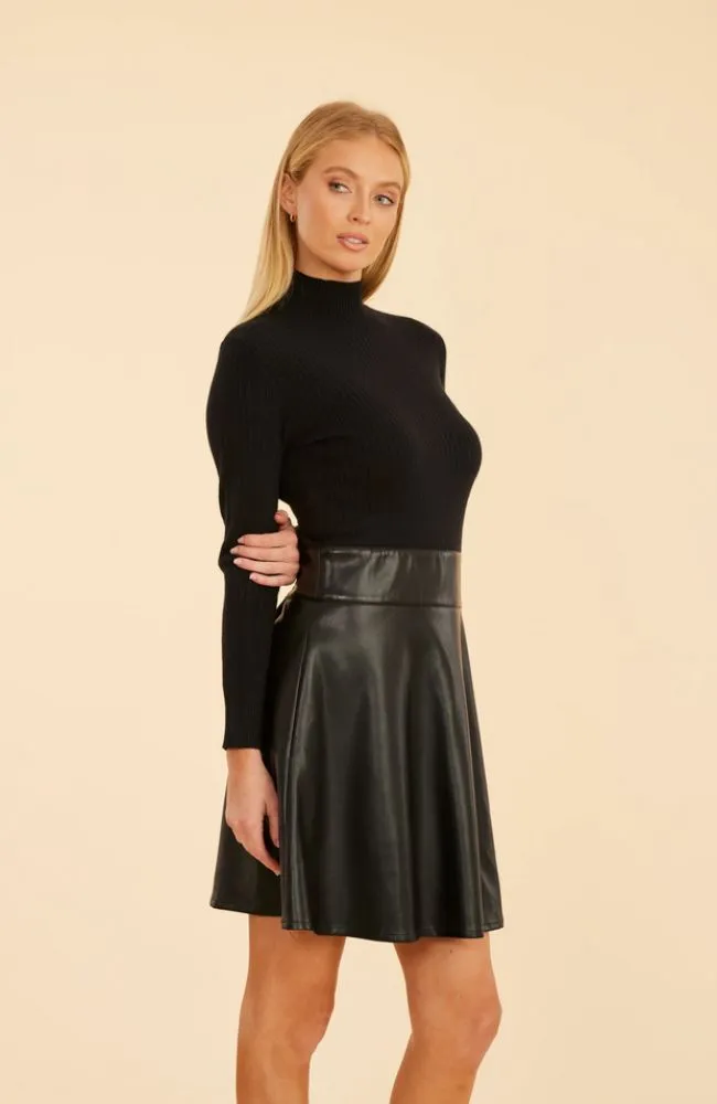 Turtleneck Vegan Leather Knit Dress