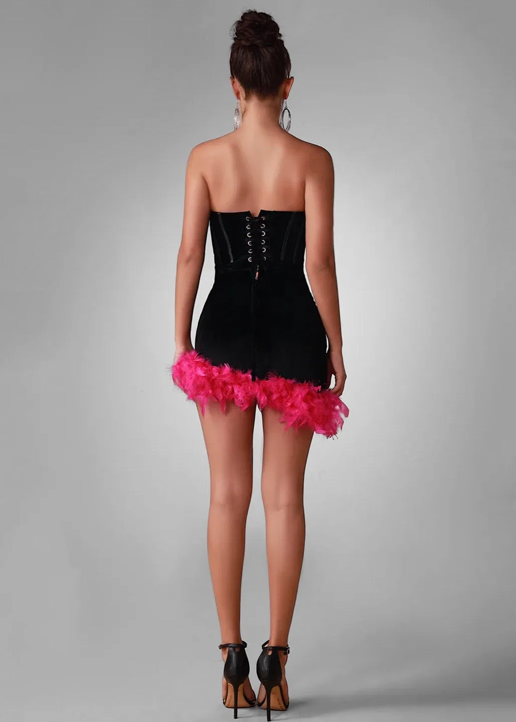 Two Tone Feather Trim Asymmetrical Hem Velvet Dress
