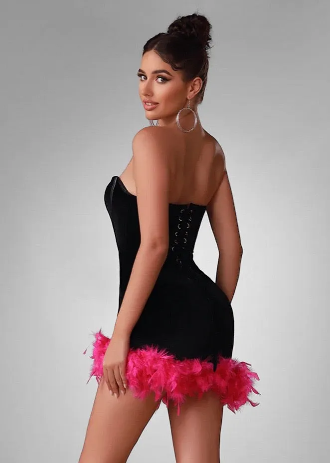 Two Tone Feather Trim Asymmetrical Hem Velvet Dress