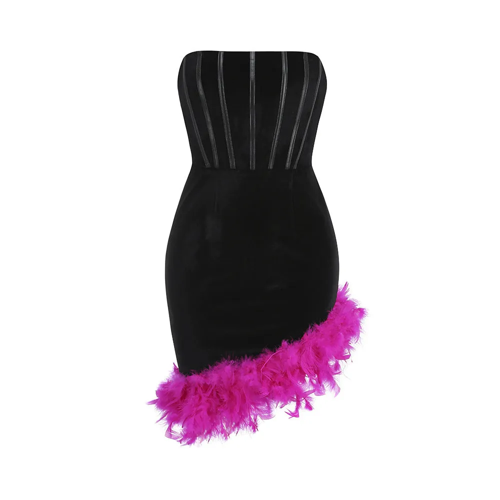 Two Tone Feather Trim Asymmetrical Hem Velvet Dress