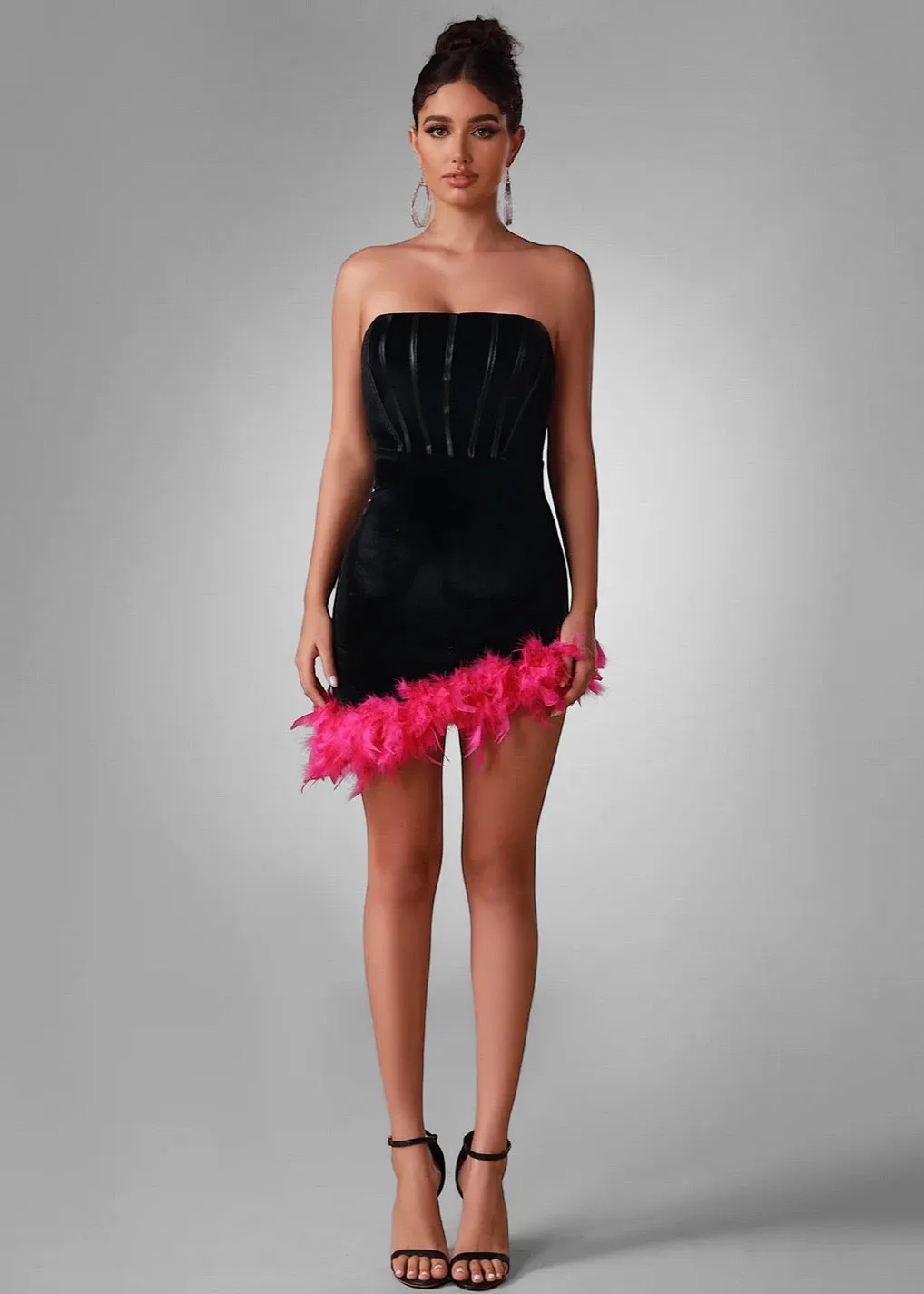 Two Tone Feather Trim Asymmetrical Hem Velvet Dress