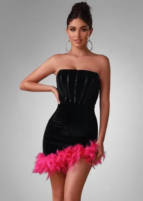 Two Tone Feather Trim Asymmetrical Hem Velvet Dress