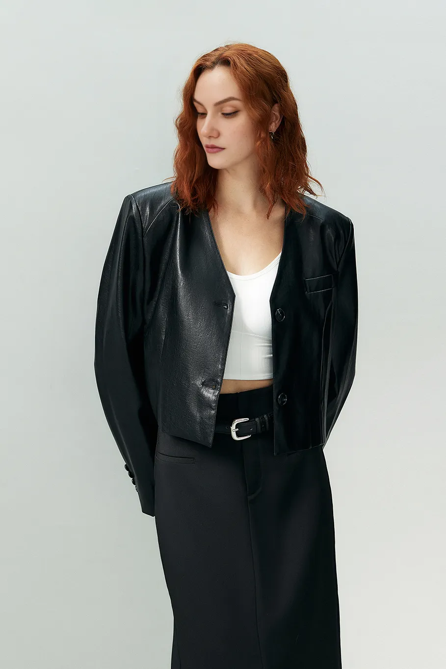 Vintage Cropped Black Faux Leather Blazer