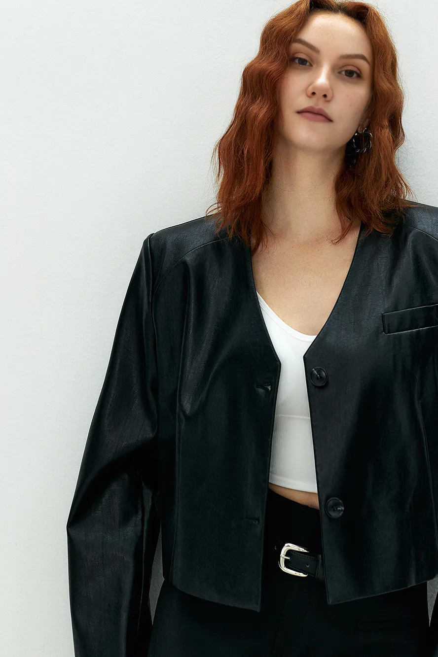 Vintage Cropped Black Faux Leather Blazer