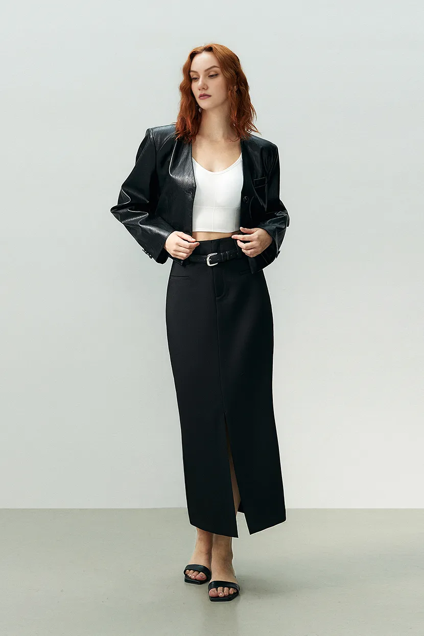 Vintage Cropped Black Faux Leather Blazer