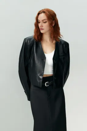 Vintage Cropped Black Faux Leather Blazer